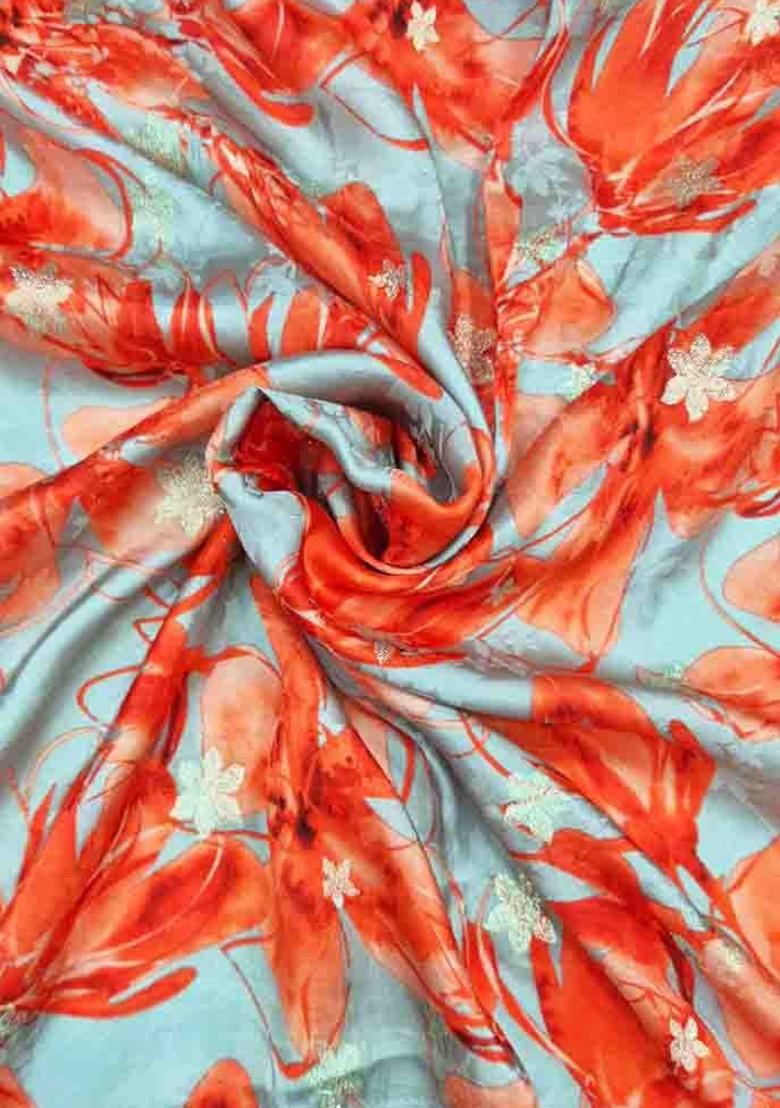 Sky Blue Printed Satin Crop Top Skirt Set - Indya