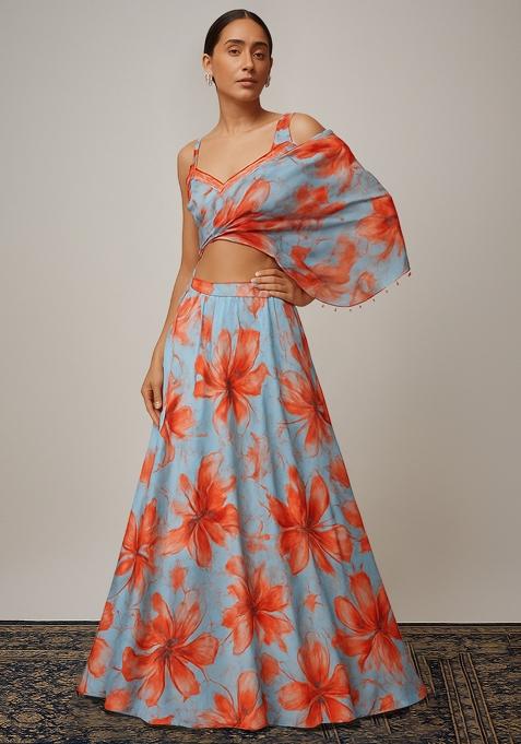 Sky Blue Printed Satin Lehenga Set