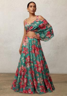 Teal Blue Printed Satin Crop Top Skirt Set