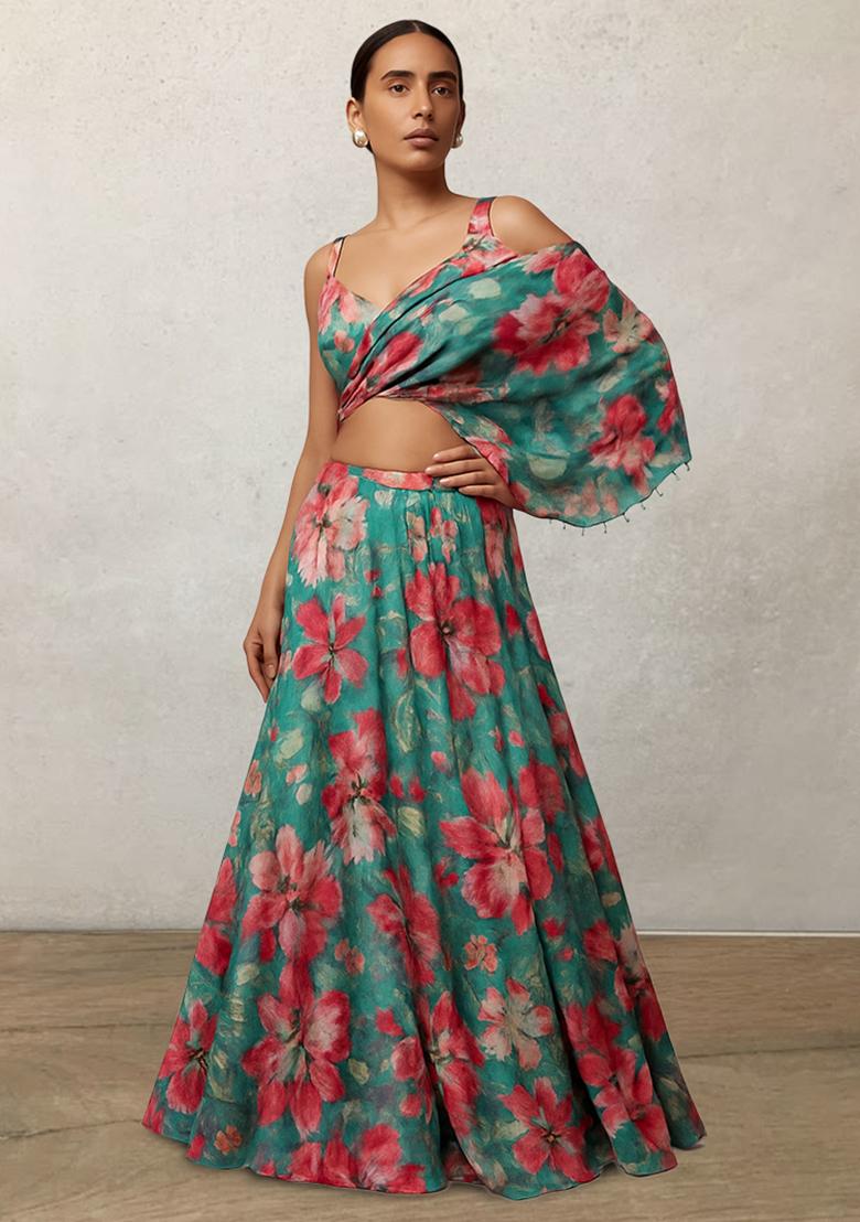 Teal Blue Printed Satin Lehenga Set