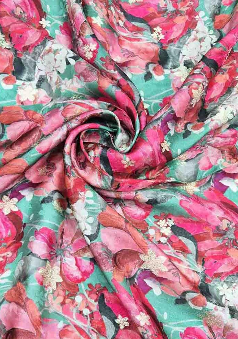 Teal Blue Printed Satin Lehenga Set