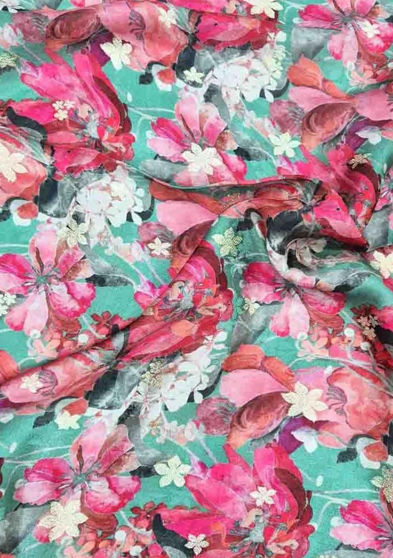 Teal Blue Printed Satin Lehenga Set