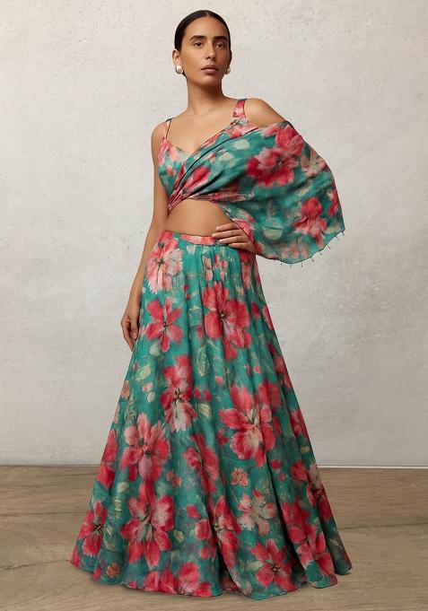 Teal Blue Printed Satin Lehenga Set