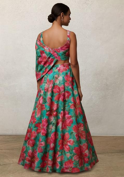 Teal Blue Printed Satin Lehenga Set