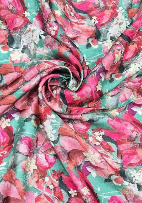 Teal Blue Printed Satin Lehenga Set