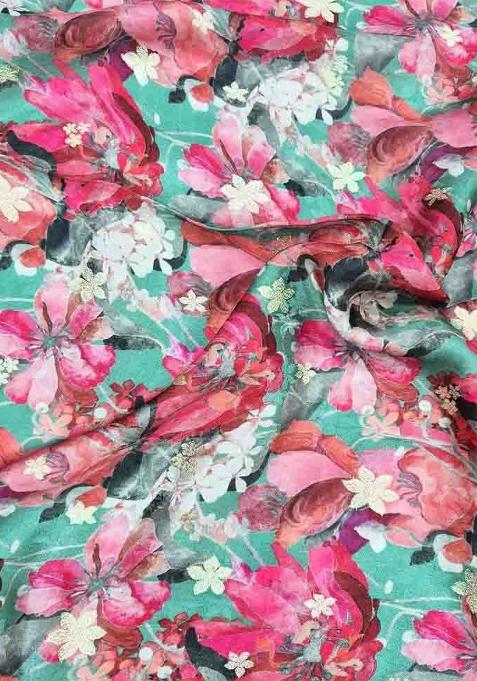 Teal Blue Printed Satin Lehenga Set