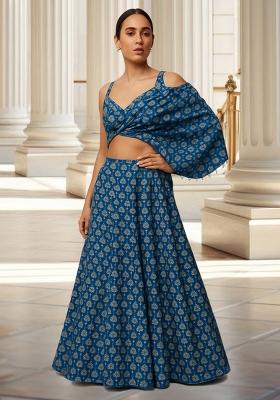 Blue Printed Silk Crop Top Skirt Set