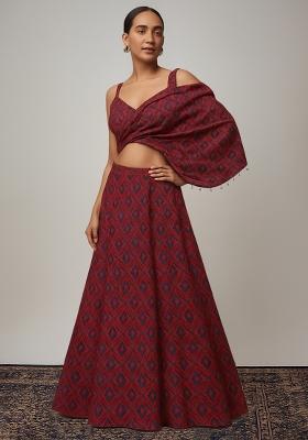 Maroon Printed Silk Crop Top Skirt Set