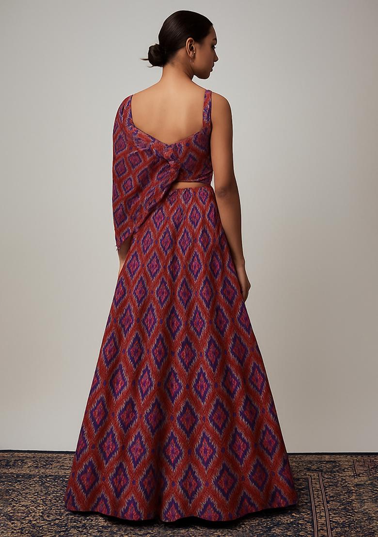 Maroon Printed Silk Lehenga Set