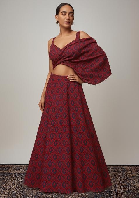 Maroon Printed Silk Lehenga Set