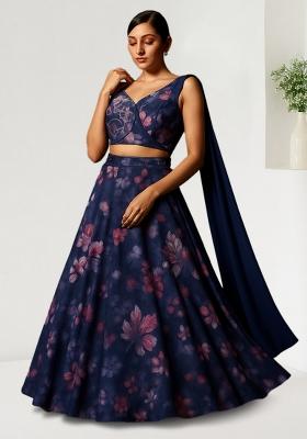 Blue Printed Chiffon Lehenga Set