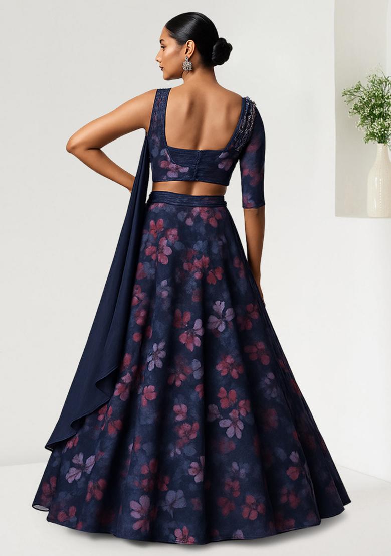 Blue Printed Chiffon Lehenga Set