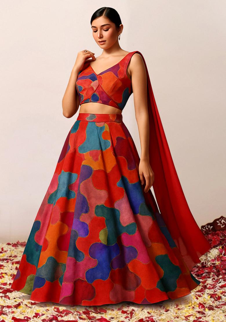 Multicolor Printed Poly Blend Lehenga Set