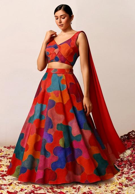 Multicolor Printed Poly Blend Lehenga Set