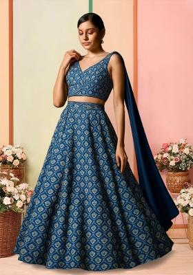 Blue Printed Silk Lehenga Set