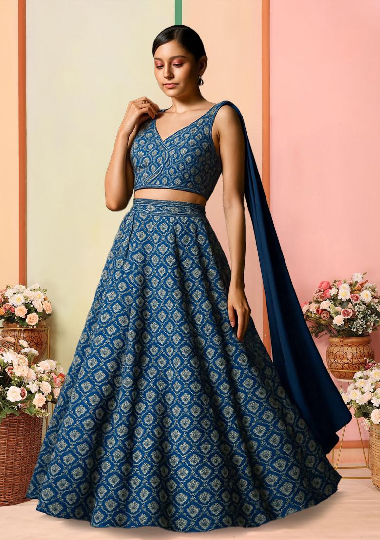 Blue Printed Silk Lehenga Set