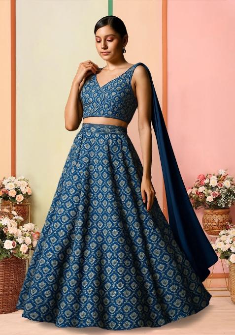 Blue Printed Silk Lehenga Set