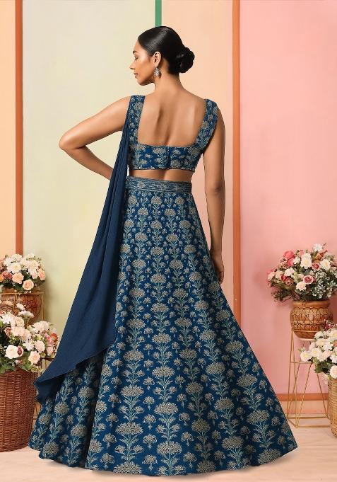 Blue Printed Silk Lehenga Set