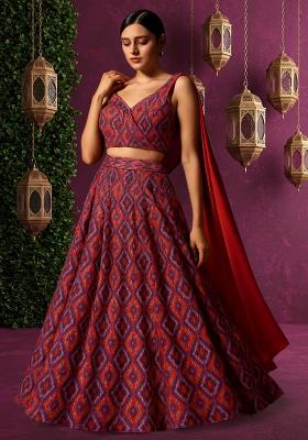 Maroon Printed Silk Lehenga Set