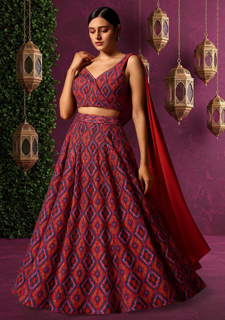 Maroon Printed Silk Lehenga Set - Indya