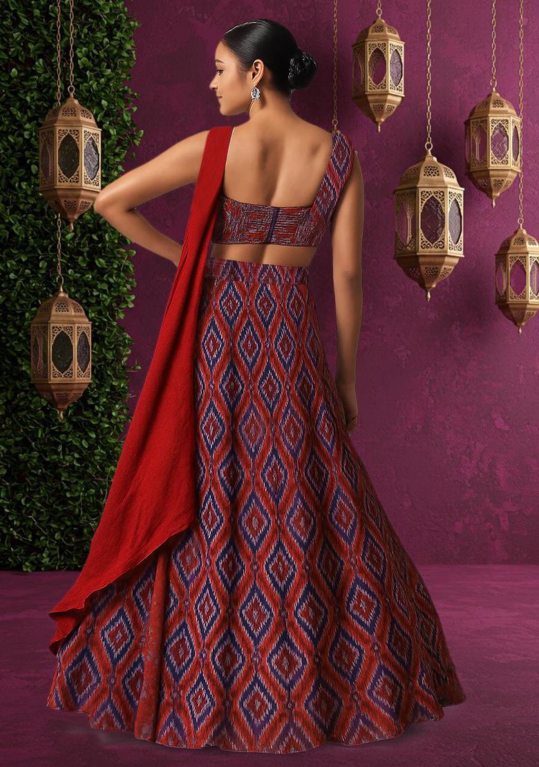 Maroon Printed Silk Lehenga Set