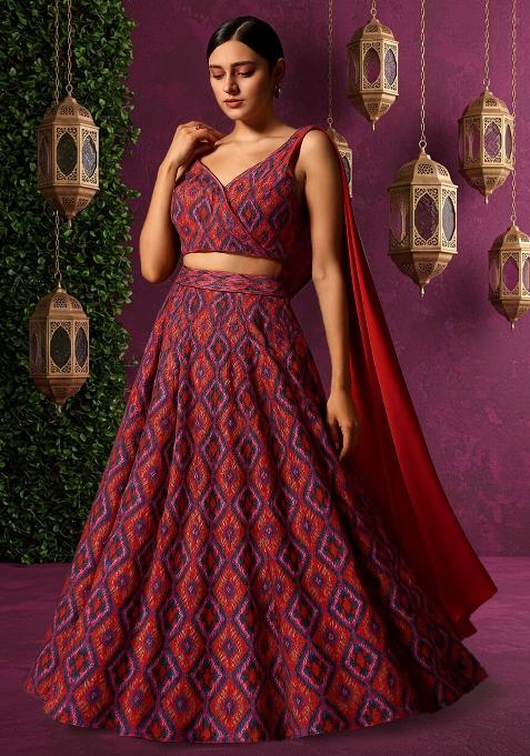 Maroon Printed Silk Lehenga Set