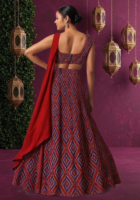 Maroon Printed Silk Lehenga Set