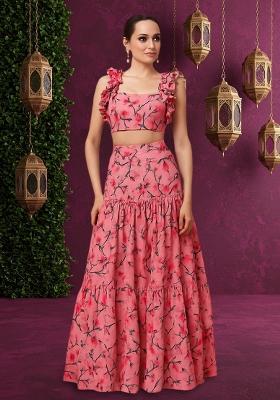 Pink Printed Silk Crop Top Skirt Set