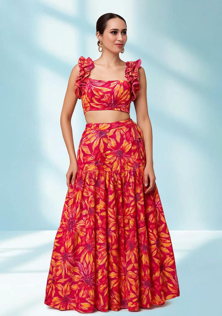 Red Printed Satin Crop Top Skirt Set