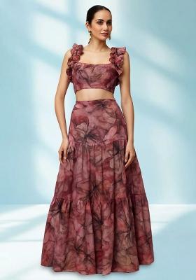 Pink Printed Georgette Crop Top Skirt Set