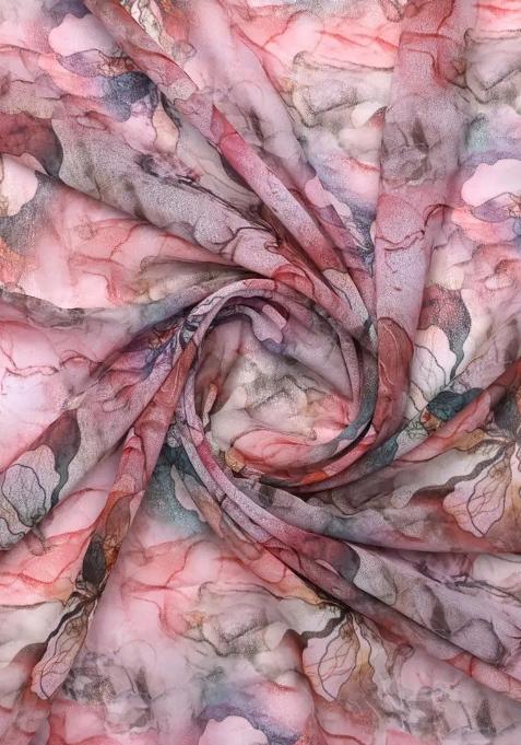 Pink Printed Georgette Crop Top Skirt Set