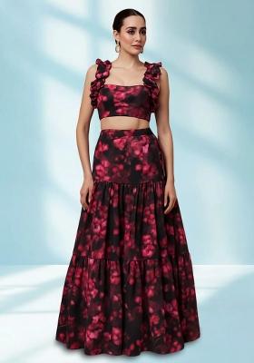 Black Printed Georgette Crop Top Skirt Set