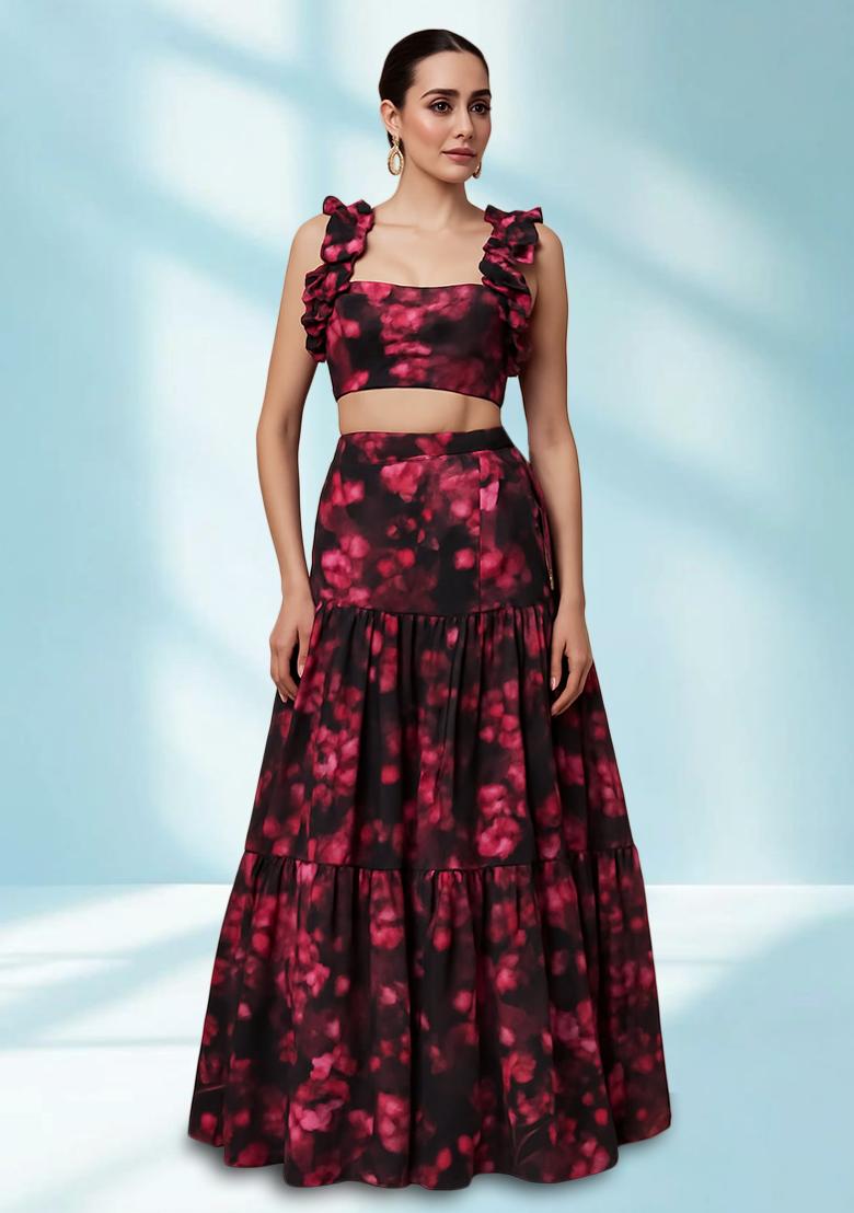 Black Printed Georgette Crop Top Skirt Set