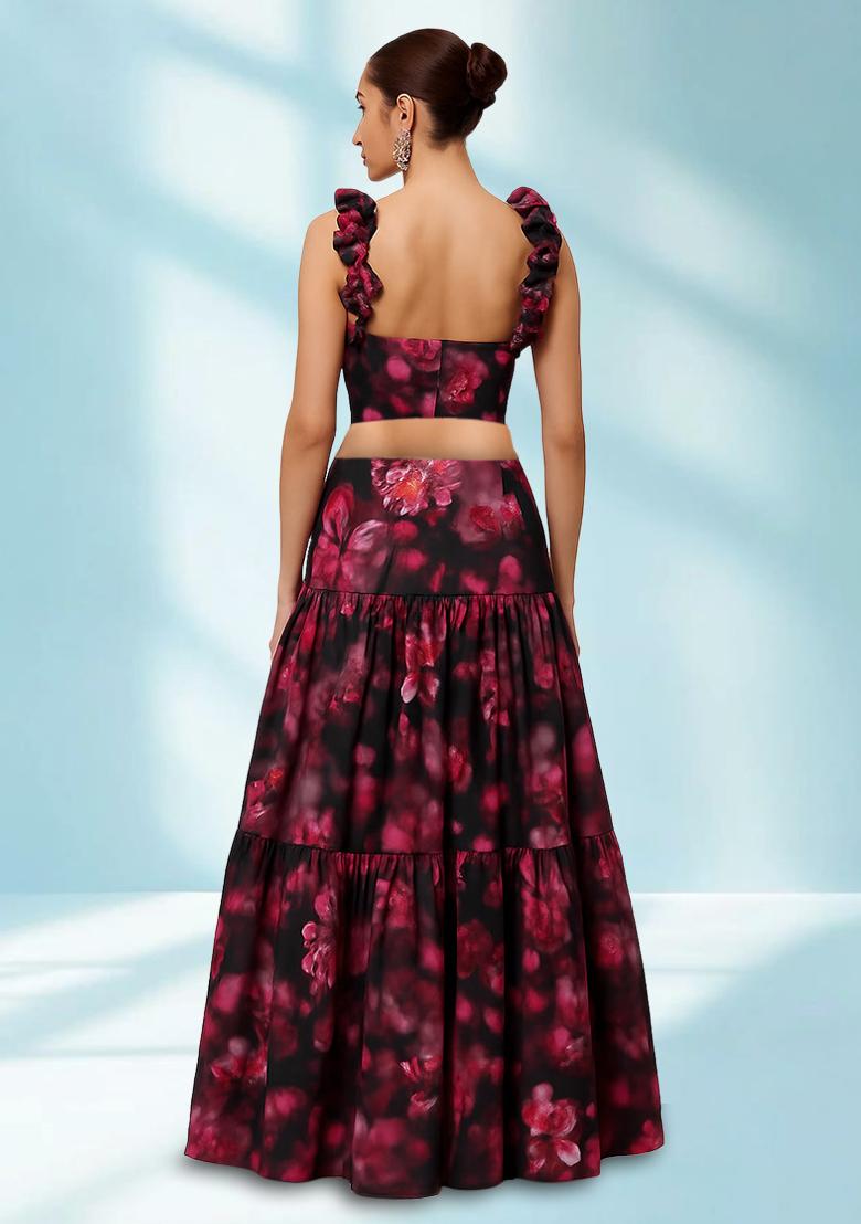 Black Printed Georgette Crop Top Skirt Set