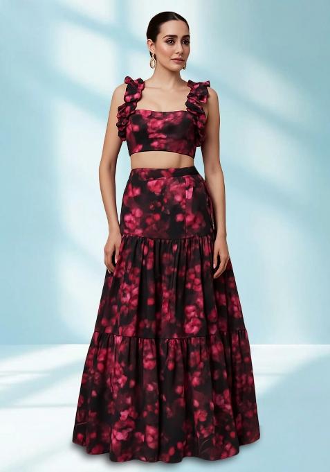 Black Printed Georgette Crop Top Skirt Set