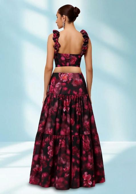 Black Printed Georgette Crop Top Skirt Set