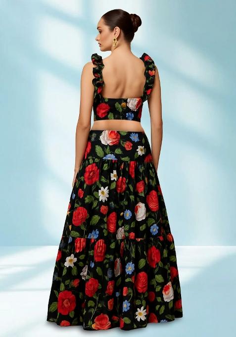 Black Printed Silk Crop Top Skirt Set