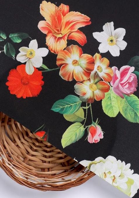 Black Printed Silk Crop Top Skirt Set