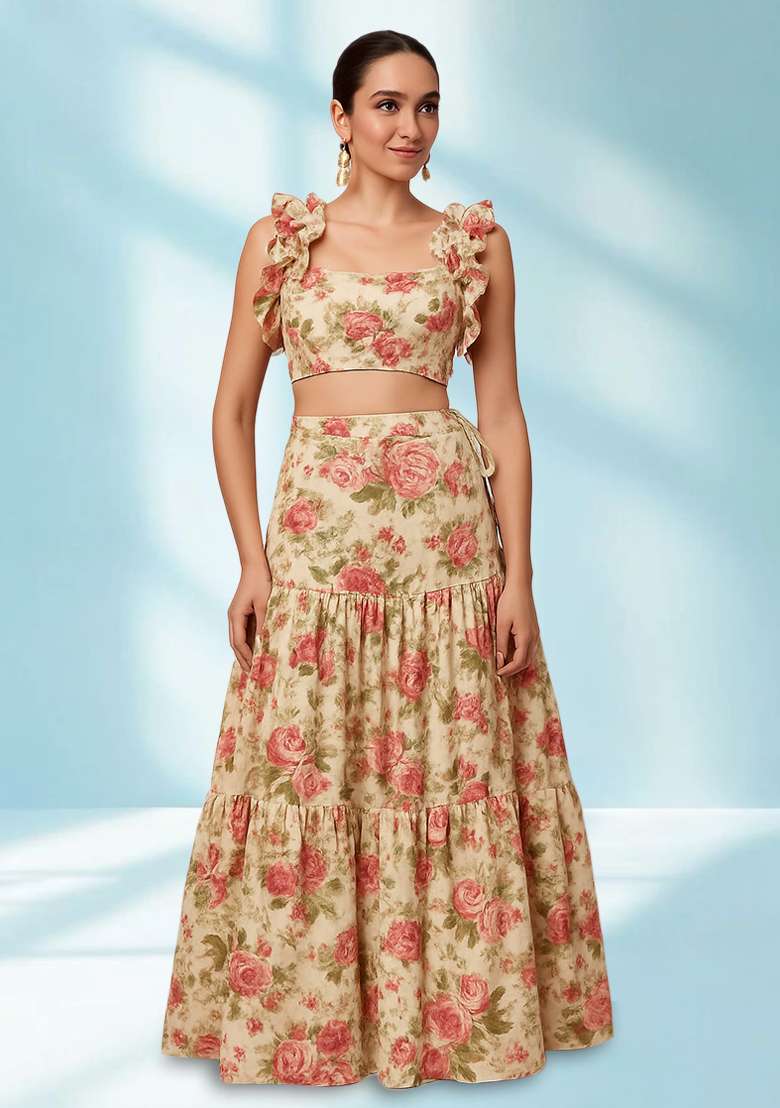 White Printed Silk Blend Crop Top Skirt Set - Indya