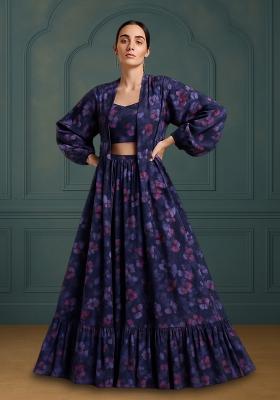 Blue Printed Chiffon Lehenga Set