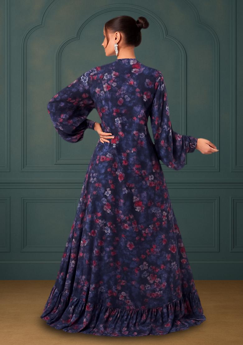 Blue Printed Chiffon Lehenga Set