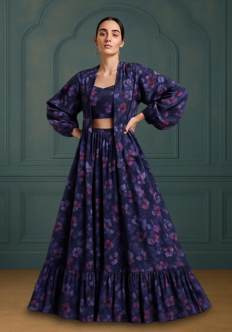 Blue Printed Chiffon Lehenga Set
