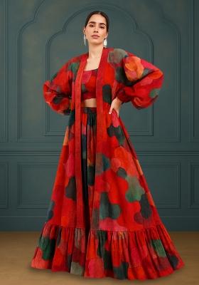 Red Printed Poly Blend Lehenga Set