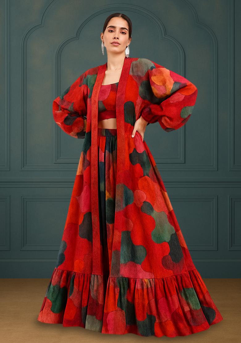 Red Printed Poly Blend Lehenga Set