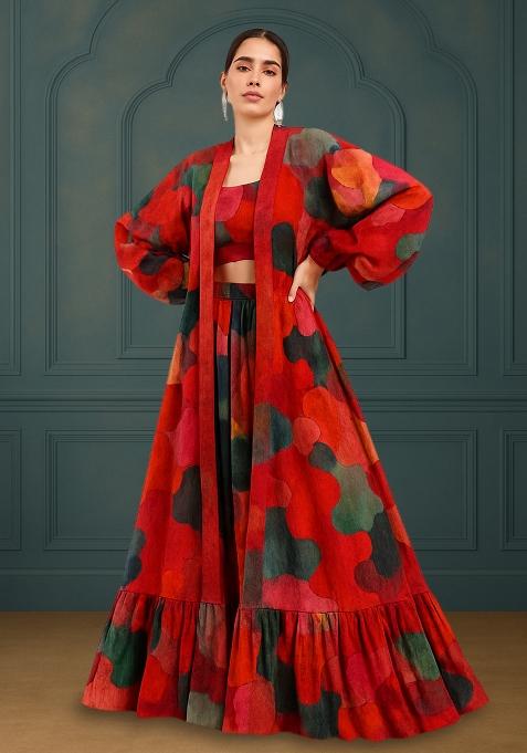 Red Printed Poly Blend Lehenga Set