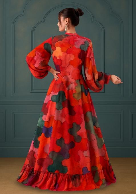 Red Printed Poly Blend Lehenga Set