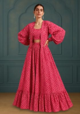 Pink Printed Georgette Lehenga Set