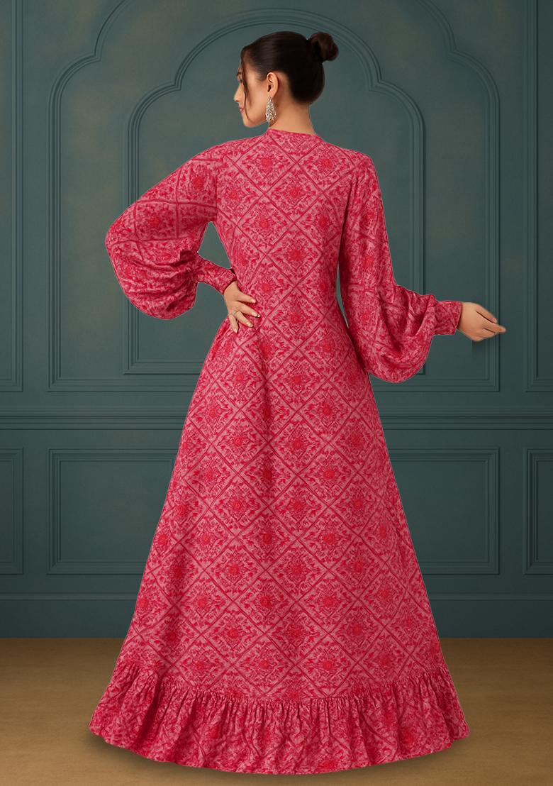 Pink Printed Georgette Lehenga Set - Indya