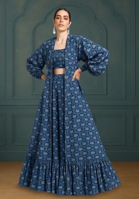Blue Printed Silk Lehenga Set