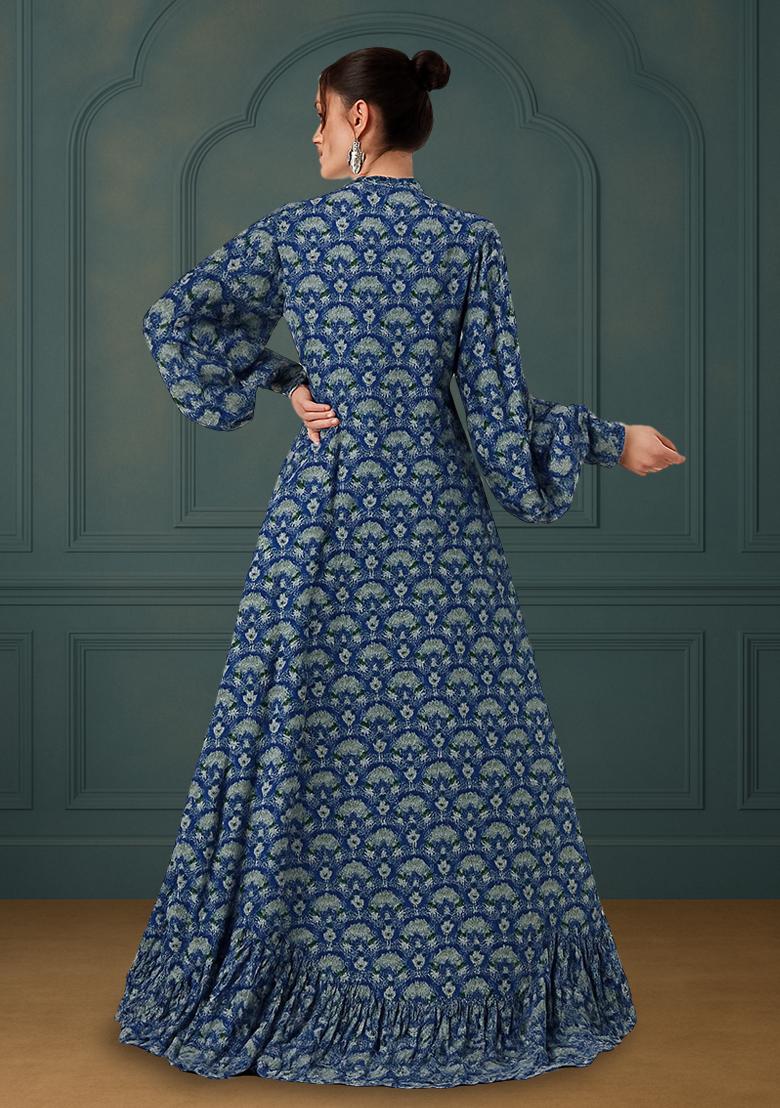 Blue Printed Silk Lehenga Set - Indya